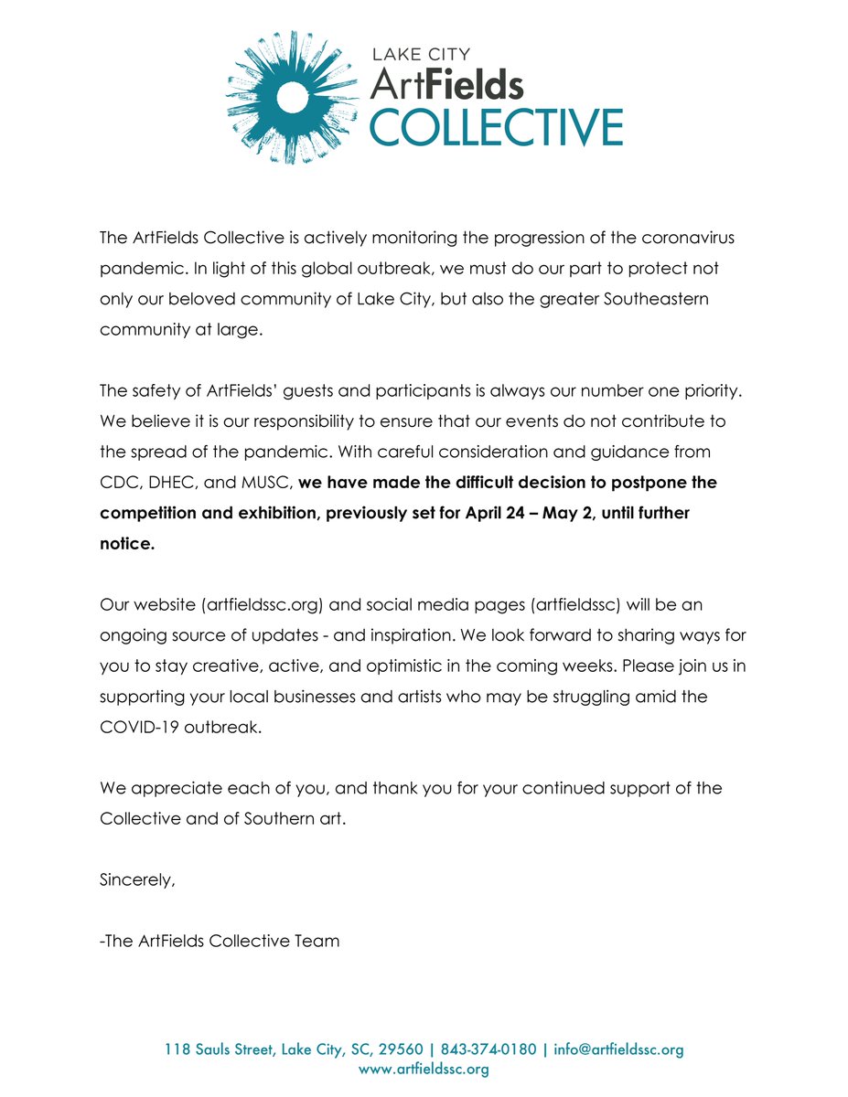 Please see the following update regarding #artfields2020