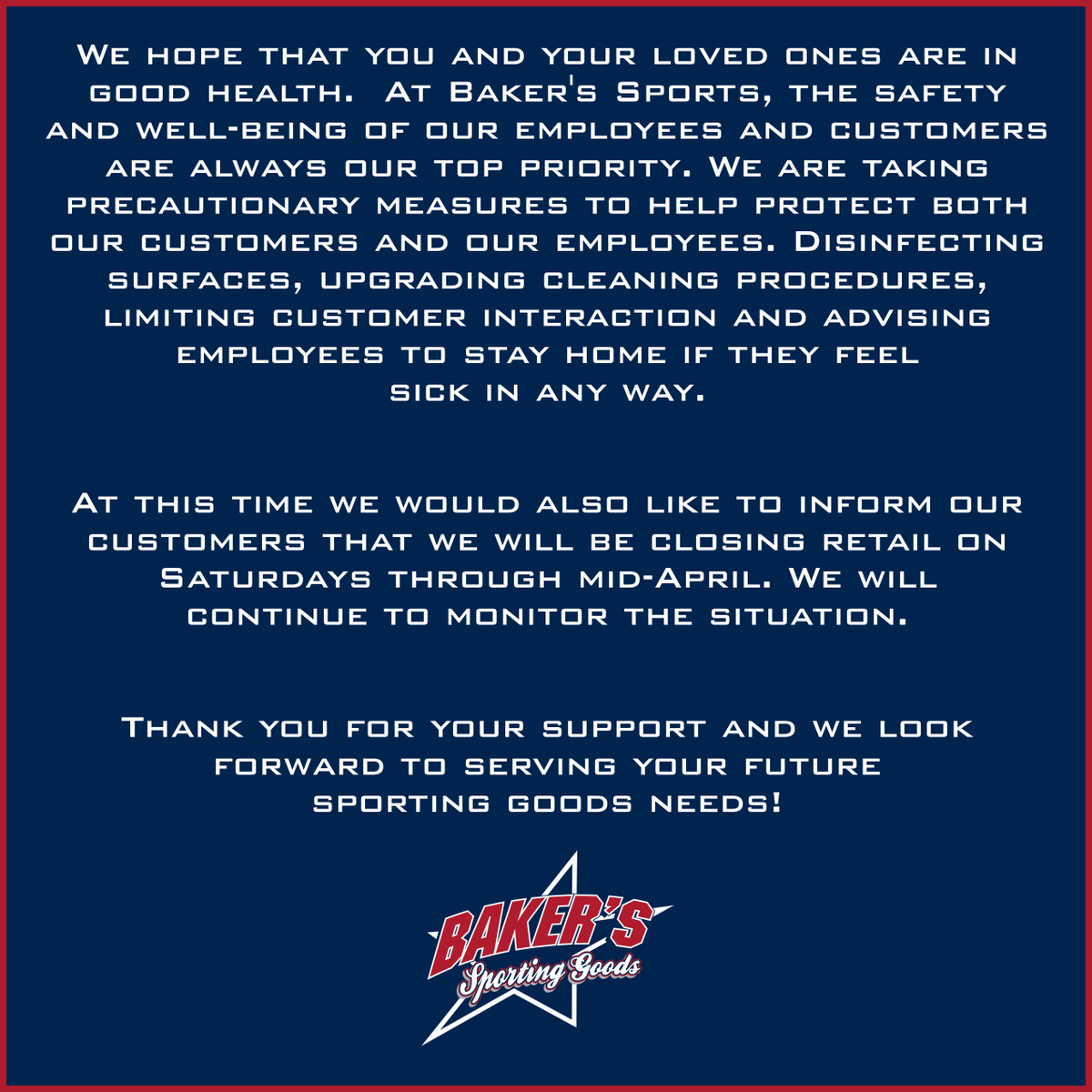 BakersSports's tweet photo. We hope you are staying safe and healthy!! #TeamSportsExperts #BakersMade https://t.co/Ivg2FNcKsD
