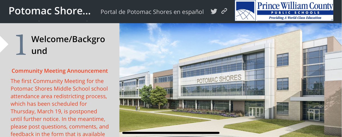 PlanningPWCS's tweet photo. First Community Meeting for the Potomac Shores MS redistricting process scheduled for March 19 is postponed until further notice. https://t.co/Re1k94Neso https://t.co/Rvr1xT4Lee