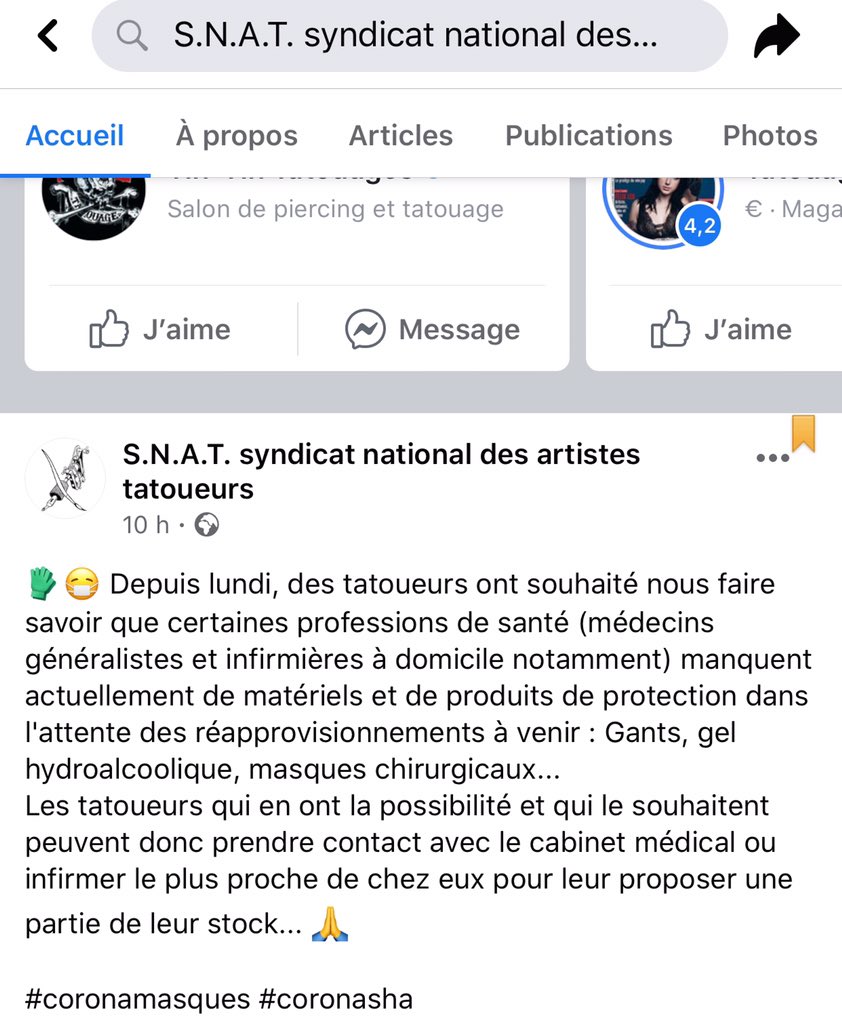 convtattooLM's tweet photo. Bonsoir,
On vous rappel que les #tatoueurs #pierceurs qui le souhaitent sont invités à aider les services hospitaliers, médecins, infirmiers en leur donnant du stock de gants, masques... #snat #COVOD19 #confinementjour2 #MerciAuxSoignants #merci #snat #entraide https://t.co/05NVR8eYlm