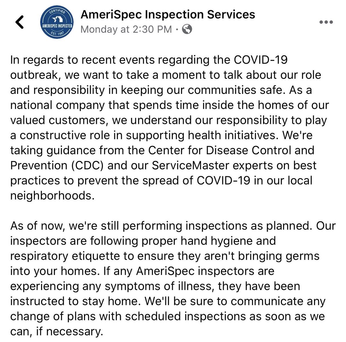 amerispec_oc's tweet photo. ❗️TO OUR CUSTOMERS IN RESPONSE TO COVID-19 #orangecounty #coronavirus #covid19 #realtorlife #amerispec #homeinspections #orangecountyrealestate #realestate #ocproperties #ochomeinspection #realtyone #landmsrkrealtors https://t.co/ZM4o4PirCE