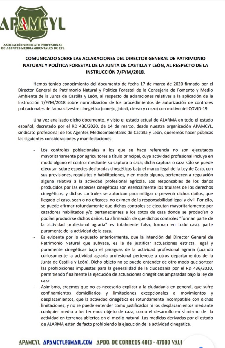 apamcyl's tweet photo. Comunicado @apamcyl sobre aclaración de la instrucción FyMA 7/2018 del DG de Patrimonio natural y Política Forestal
Respecto de autorizaciones de caza @jcyl por daños, y el  incumplimiento del RD 436/2020 de 14 de marzo del estado de #Alarma 
@DGCyL 
@alferma1 
@FranciscoIgea https://t.co/00oSZLCVXe