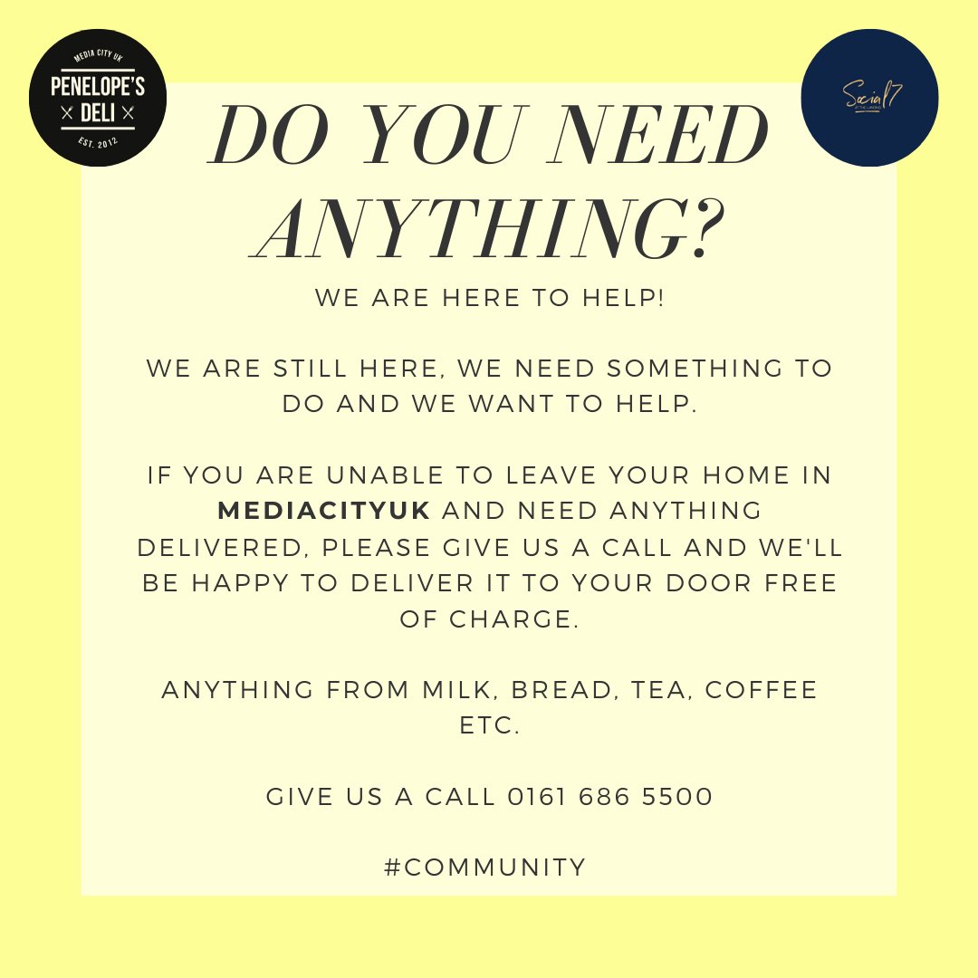 .@social7mc is still open and respecting government guidelines. 
They want to give back to the community they play such a big role in. If anyone in the <a href="/MediaCityUK/">MediaCityUK</a> area needs anything delivered please contact them and they will deliver to your door free of charge.