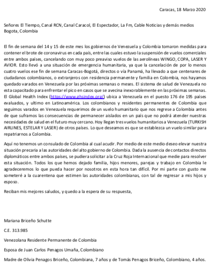marianabriceno's tweet photo. #VaradosEnVenezuela #VueloHumanitario @CancilleriaCol 
Esta es mi historia y la de otros colombianos varados en Caracas, pedimos ayuda del Gobierno Colombiano @hk7dmu @adrip76 @lcvelez @robertopomboh @CGurisattiNTN24 @Citytv @CanalRCN @SenalColombia https://t.co/v07dbNQJs4