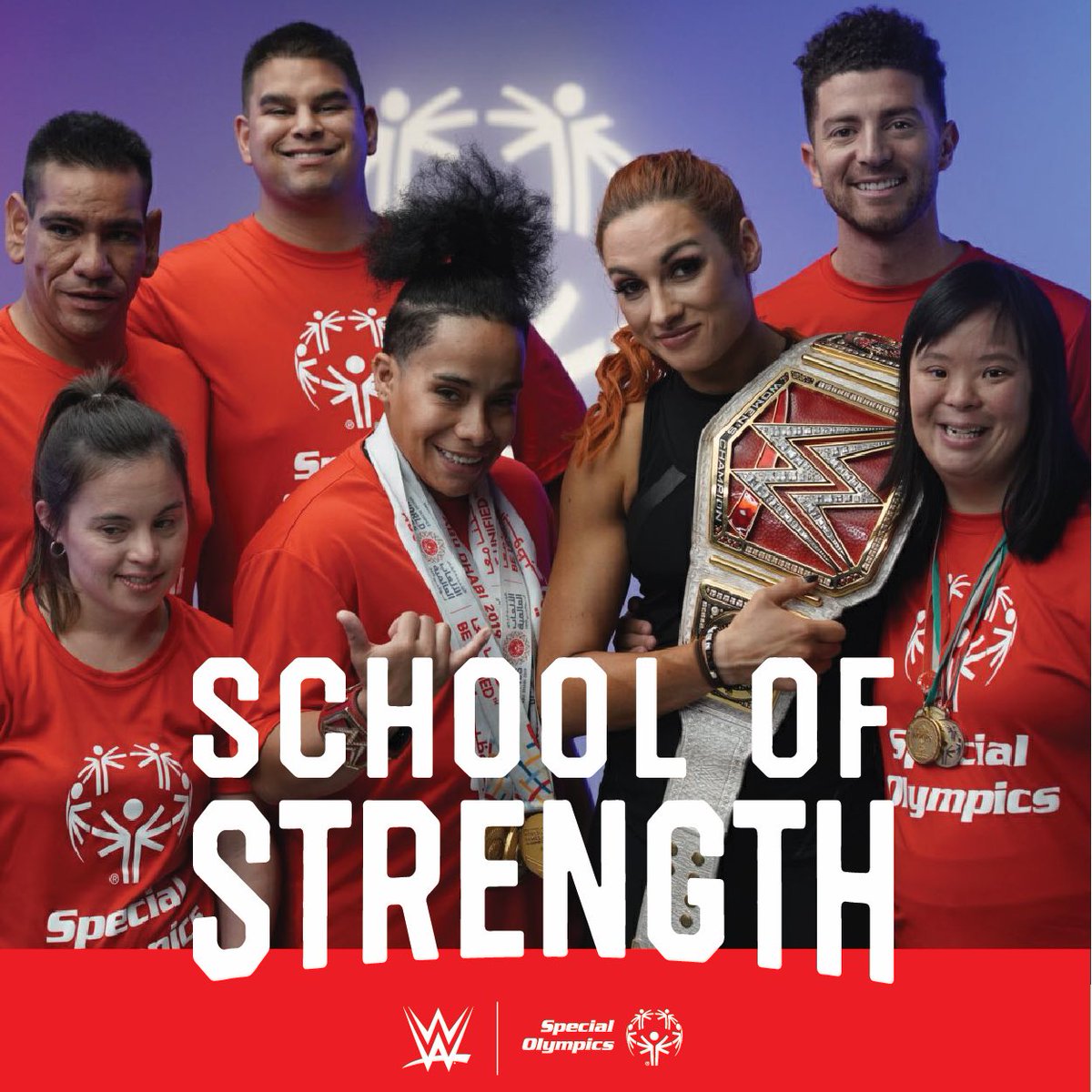 WWECommunity's tweet photo. Class is now in session for the School of Strength! Check out the MAN @BeckyLynchWWE collaborating with @SpecialOlympics athletes, so they can stay fit & help their friends stay fit wherever they are! https://t.co/aJsQldnnWY https://t.co/yoAkeDXr32