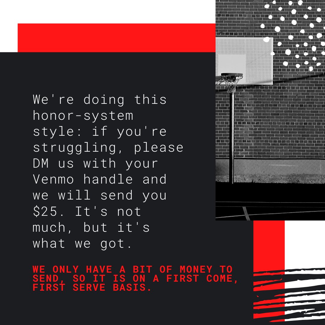 We were planning on throwing a giant end of season party this year, but we figured our dollars were better used elsewhere. We are venmoing $25 to anyone in need until our funds run out, honor system style! DM us with your Venmo handle so we can send it over.