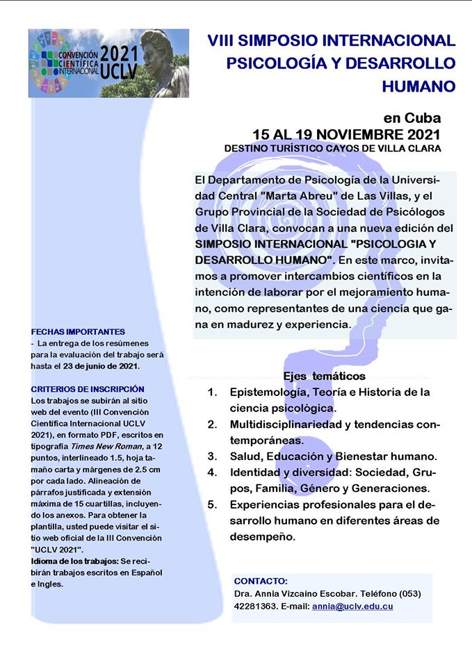 🔴Todo lo que debe saber si desea participar en el "VIII Simposio Internacional Psicología y Desarrollo Humano", correspondiente a nuestra #IIICCI #UCLV2021👇
