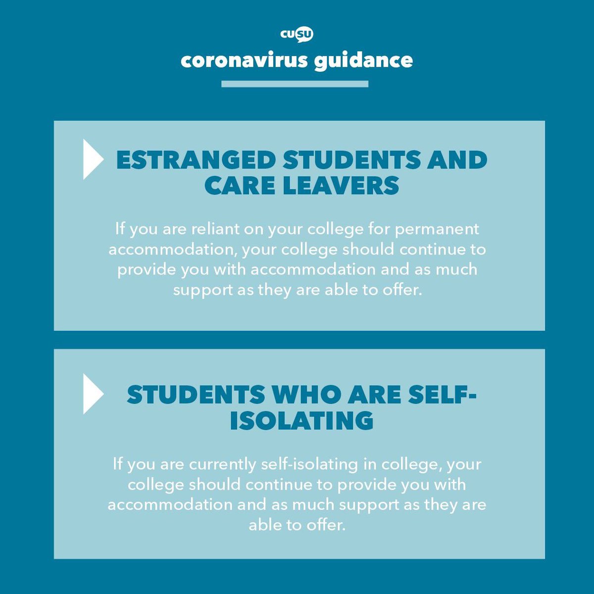 cusu_president's tweet photo. 🚨 IMPORTANT INFO FOR CAMBRIDGE STUDENTS 🚨 

If you live permanently in college accommodation or are unable to return home, you should continue to be accommodated and supported by your college! https://t.co/i1xCRdK05a