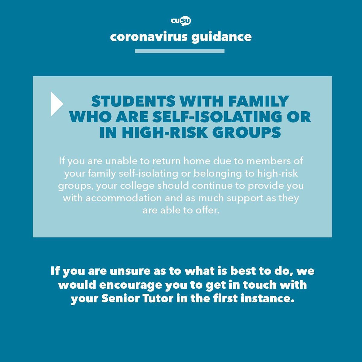 🚨 IMPORTANT INFO FOR CAMBRIDGE STUDENTS 🚨 

If you live permanently in college accommodation or are unable to return home, you should continue to be accommodated and supported by your college!