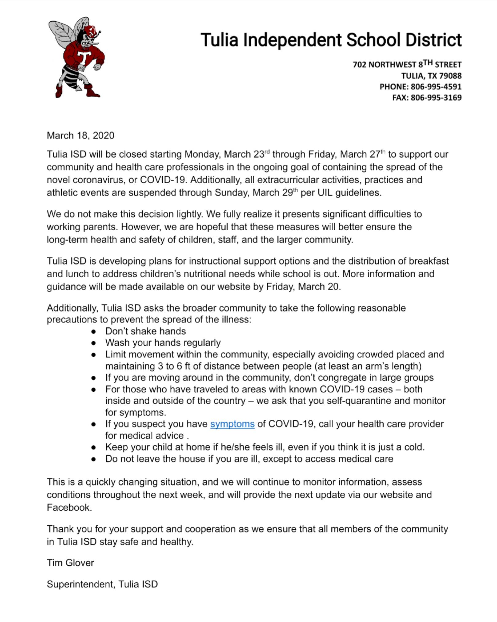 Tulia ISD on Twitter "COVID19 Update from Tulia ISD…