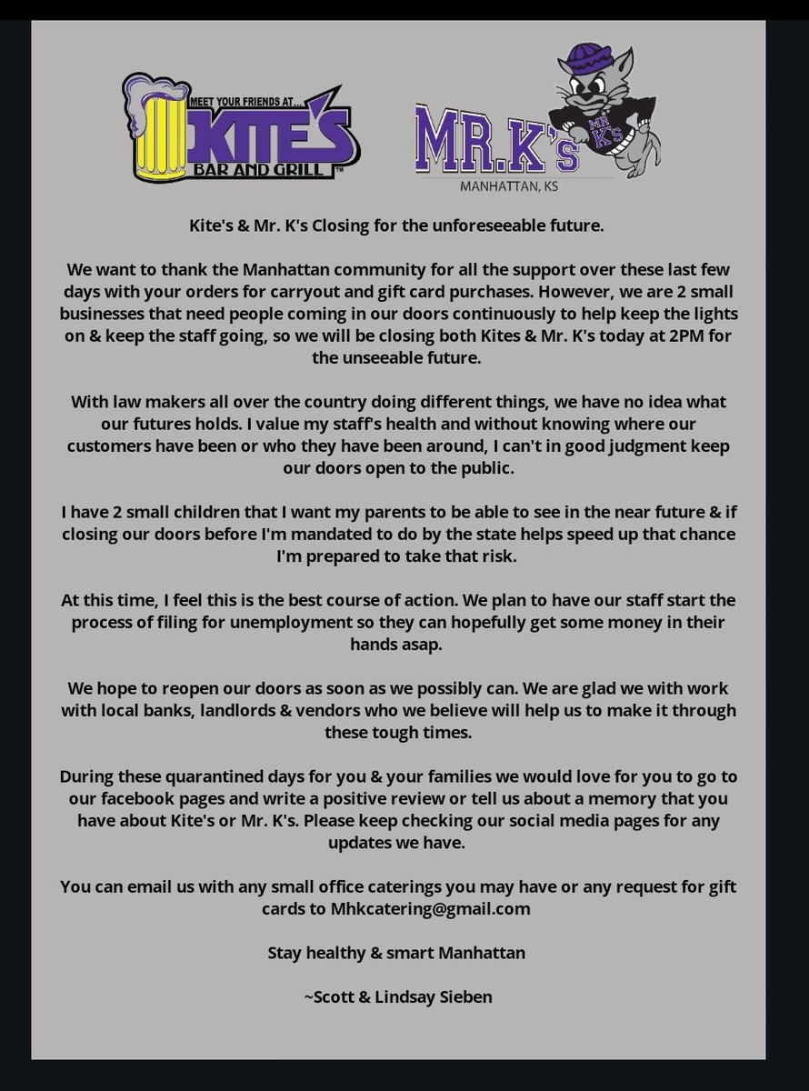 KitesBarKSU's tweet photo. Kite's &amp; Mr. K's will be closing our doors today at 2pm please read our statement below. We appreciate all our amazing customers &amp; staff members. Thank you Wildcat Nation we are K-State Family &amp; we plan to return stronger! 
@ReddiForSenate @MHKChamber @cityofmhk @Aggieville https://t.co/2XRAl16gdW
