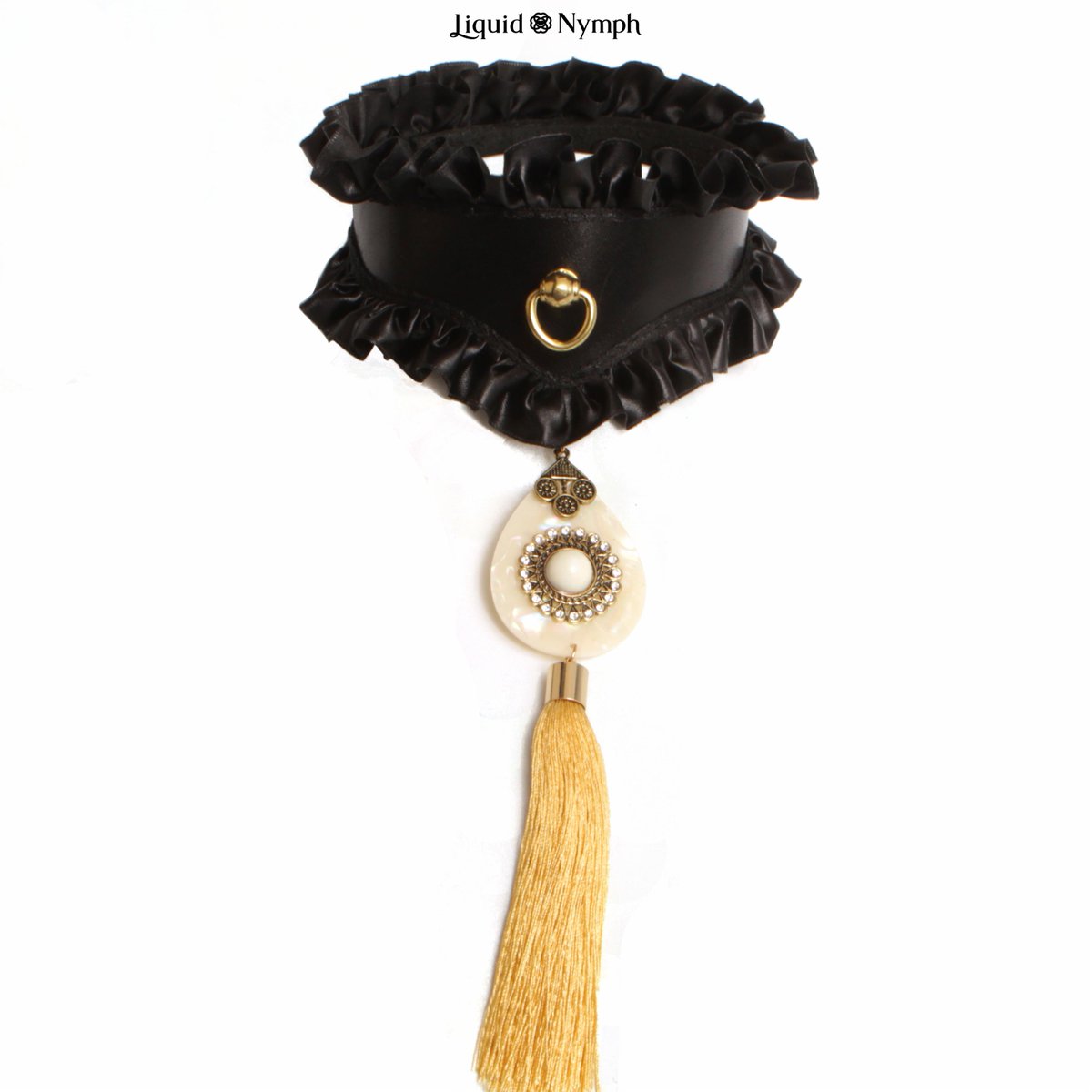 New collar, what should i name her? She is full grain belt weight leather &amp; satin with a faux shell pendant and gold accents.  #bondagecollar #bdsm #ddlg #majesticbitch