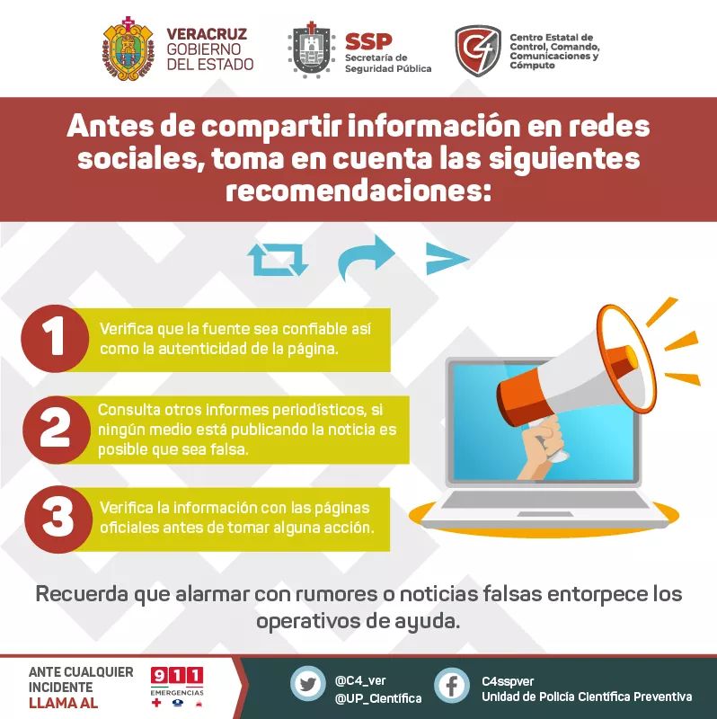 911_Veracruz's tweet photo. #TipsC4Ver Al compartir información en redes sociales, toma en cuenta las siguientes recomendaciones y evita generar psicosis entre la ciudadanía. ¡Infórmate bien! https://t.co/qjzlerMRXO