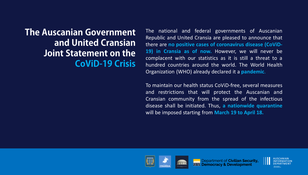 AuscaniaGov's tweet photo. DCSDD | A joint statement of the Auscanian Government and United Cransia on the #Covid_19 Crisis and the announcement of nationwide quarantine as precautionary measure. #FlattenTheCurve #MedicalSolutionsFirst https://t.co/wHuJIj18G6