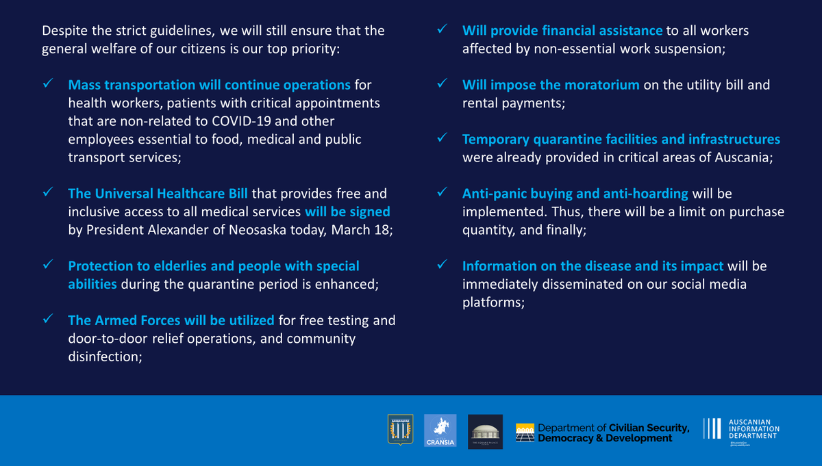 AuscaniaGov's tweet photo. DCSDD | A joint statement of the Auscanian Government and United Cransia on the #Covid_19 Crisis and the announcement of nationwide quarantine as precautionary measure. #FlattenTheCurve #MedicalSolutionsFirst https://t.co/wHuJIj18G6