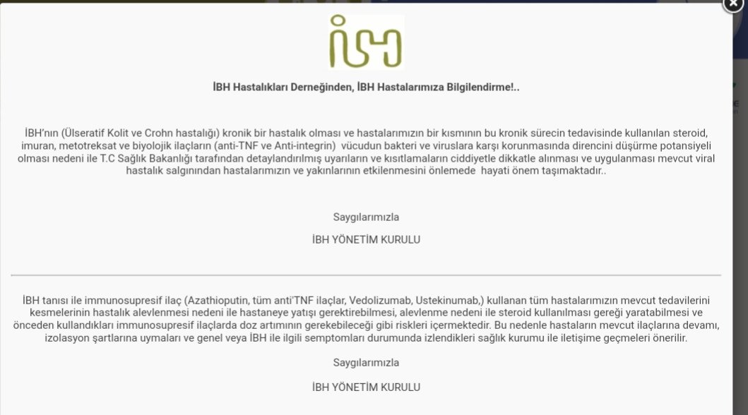 IBHAYD1's tweet photo. #türkgastroentorolojiderneğine ve #ibhd Derneğine Teşekkür Ederiz
İBH YANİ ÜLSERATİF KOLİT VE CROHN HASTALARI İLAÇ KULLANIMI İLE İLGİLİ İBHD YANİ İNFLAMATUVAR BAĞIRSAK HASTALIKLARI DERNEĞİ HEKİM DERNEĞİNİN AÇIKLAMASI LÜTFEN DİKKATE ALIN. https://t.co/E63FS9Y9hi