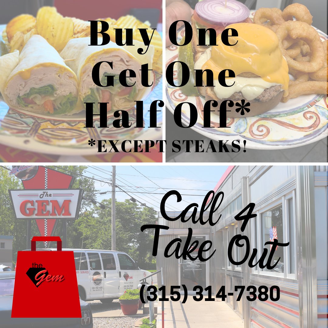 thegemdiner's tweet photo. We're offering a buy one get one half off special today only (except steaks)  for any pickup orders. We're open til 6pm for breakfasts, wraps, burgers and plenty of fries!  Call us at 315-314-7380. #welcometothegem #stillopenforbusiness #smallbusiness #syracusediner https://t.co/ygkcmjSphR