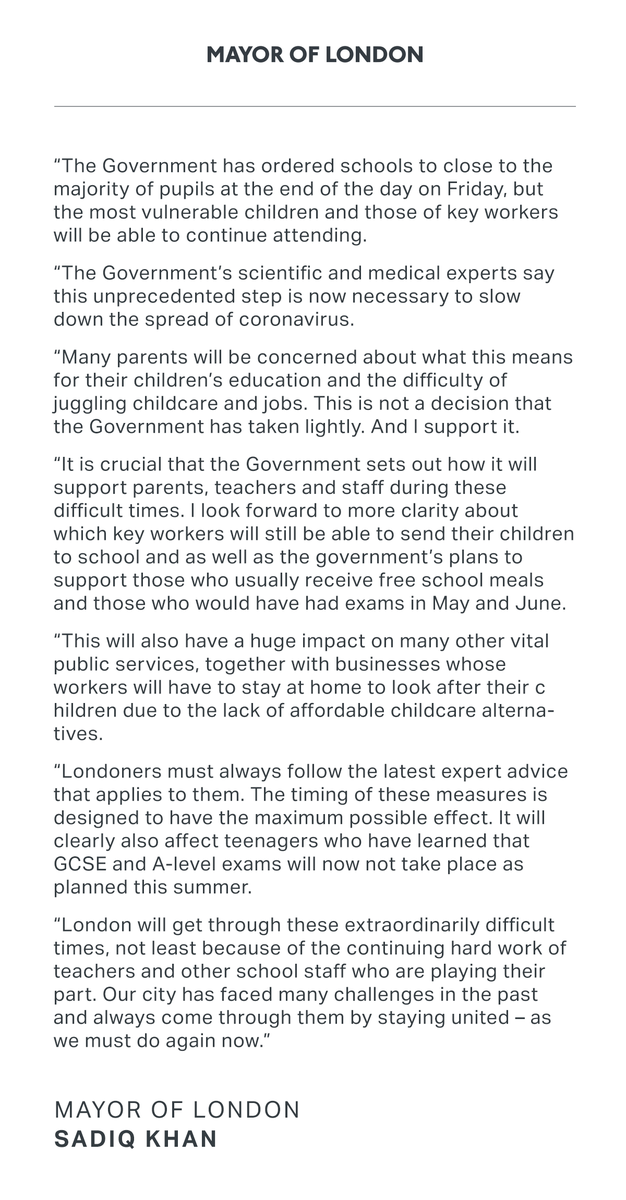 BREAKING: The Government has ordered all schools to close at the end of the day on Friday until further notice. 
 
I know parents will be concerned about their children’s education and the difficulty of juggling childcare and jobs, but we must delay the spread of this virus:
