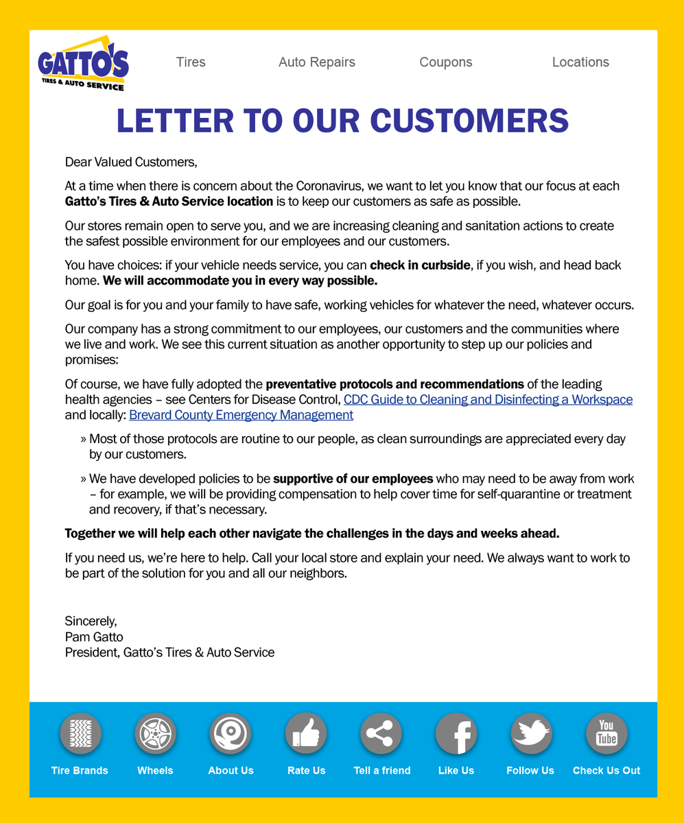 LETTER TO OUR CUSTOMERS

Dear Valued Customers,

At a time when there is concern about the Coronavirus, we want to let you know that our focus at each Gatto’s Tires &amp; Auto Service location is to keep our customers as safe as possible.

Read more...