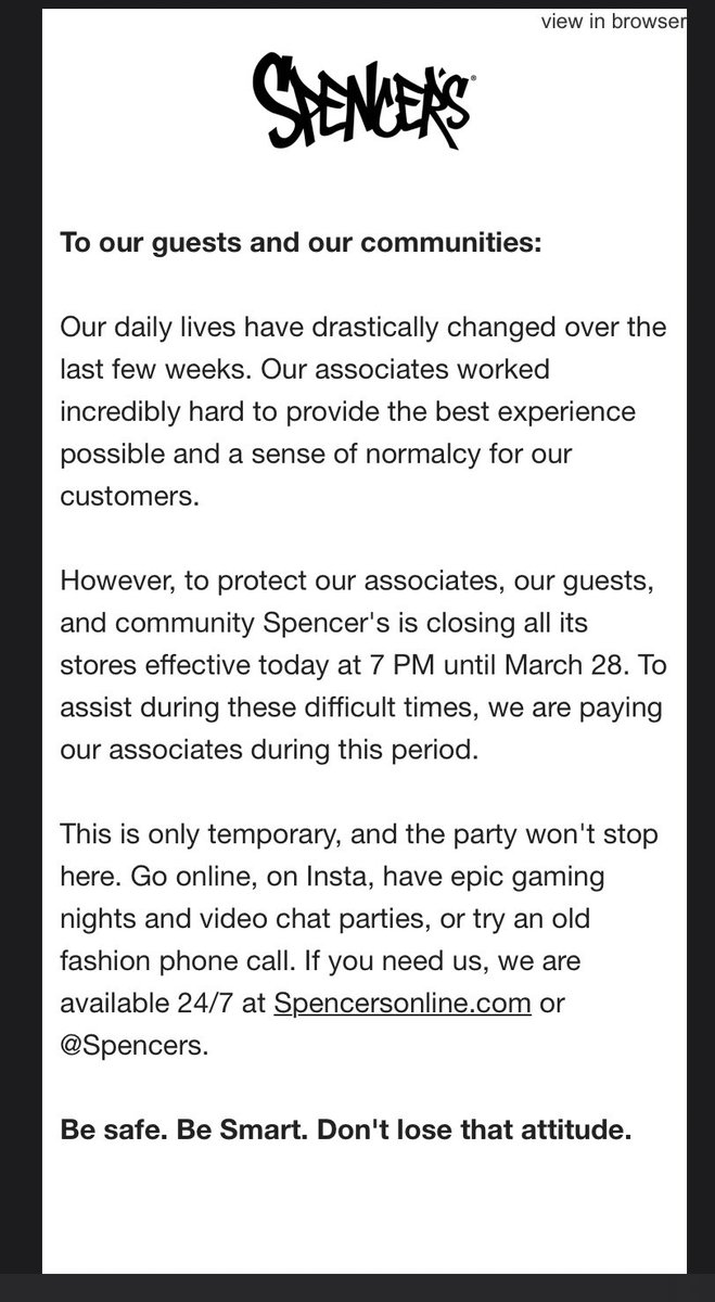 Knew I loved @Spencers for a reason. Paying their employees while they close down. This is how to get loyal employees and customers! #coronavirus #companythatcares #spencers