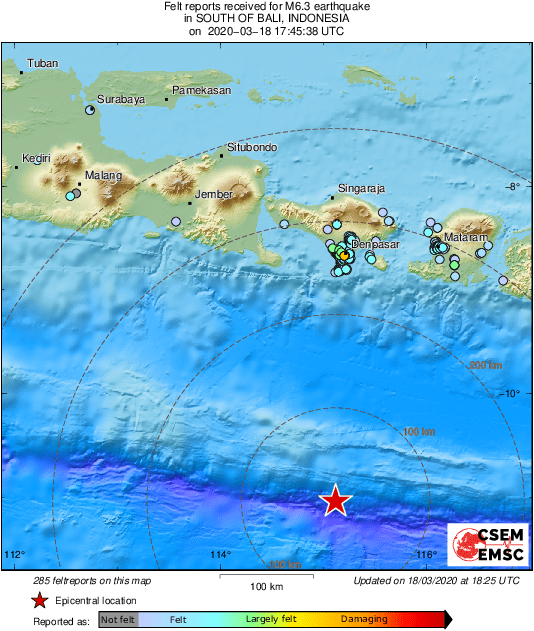 LastQuake's tweet photo. Map of felt reports received so far following the #earthquake M6.3 South of Bali, Indonesia 40 min ago https://t.co/Rht2iHdgUl