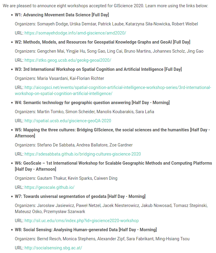 GIScience_conf's tweet photo. Eight workshops will be conducted during the #giscience2020 conference. Learn more about them at https://t.co/nGYN4L3Iel. #giscience #geocomputation #geoai https://t.co/9fmjrp5B9A