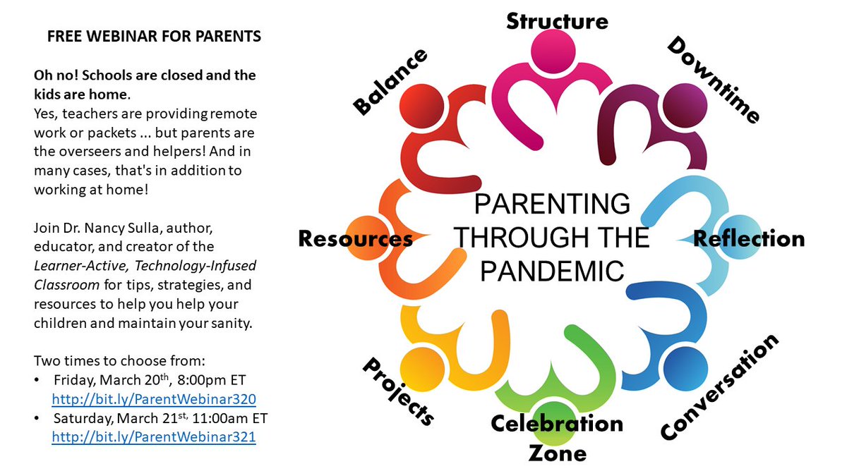 #Parents - wondering how you'll navigate working from home &amp; supporting your child's learning, check out one of Dr. Nancy Sulla's free, live webinars.
#homeschool #quaranteaching #COVID19 
Fri., 3/20, 8pm ET
bit.ly/ParentWebinar3…
Sat., 3/21, 11am ET
bit.ly/ParentWebinar3…