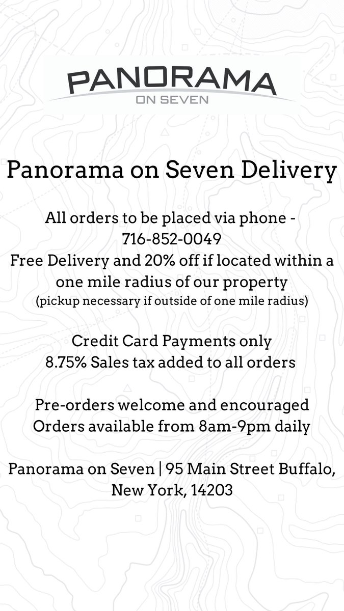 Marriott_HC's tweet photo. Panorama on Seven will now be offering take out and delivery services! To place your order please call 716-852-0049! https://t.co/DVp7ZXQzq7