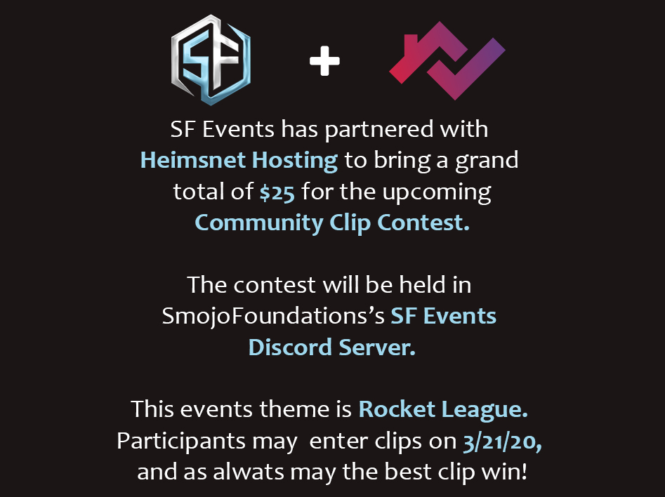 SFEventz's tweet photo. We are partnering with Heimsnet for a grand total of $25 for our Community Clip Contest #11!!! #hype #contest 
@gifyourgame
 #rocketleague #clip #gifyourgame #clipcontest #Competition #partnership #partnerships https://t.co/vi2gSeKhZi