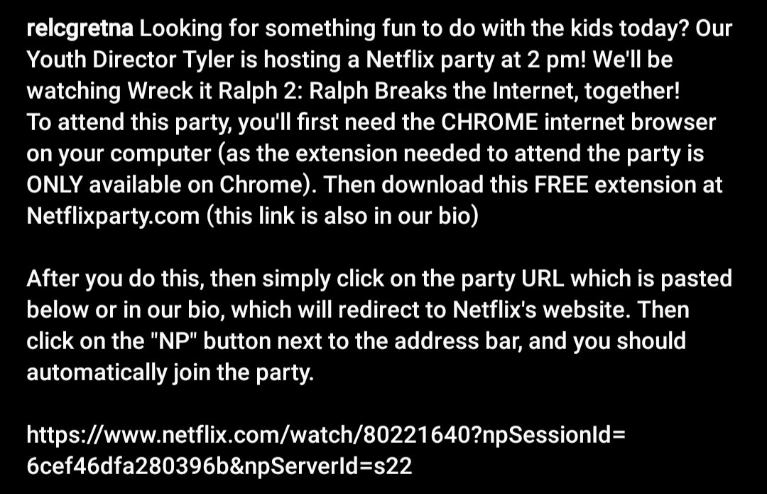 RELCGretna's tweet photo. Join our netflix party! Make sure to install the netflix party extension on your chrome browser and then follow the link in our bio (in a chrome browser only) to join! See photo for instructions! 

Extension link: https://t.co/SIlAqZv64z

Party link:
https://t.co/YHZXquO9tV https://t.co/sqXkjQ3vSa