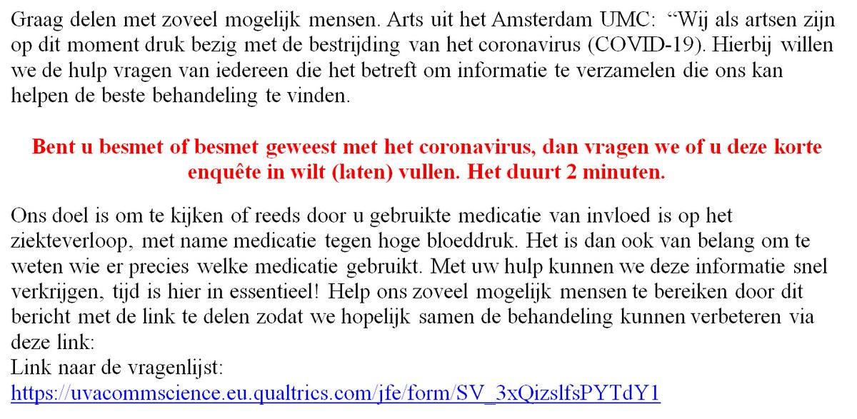 Mijn nicht is arts en vroeg mij deze oproep op twitter te plaatsen. Graag delen.

uvacommscience.eu.qualtrics.com/jfe/form/SV_3x…