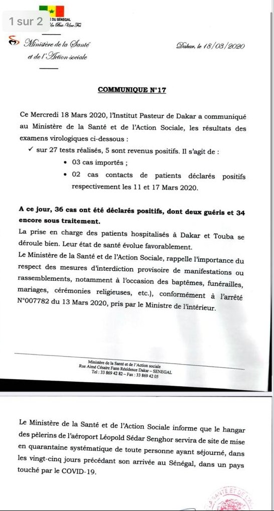 BosonDeHiggs4's tweet photo. #Covid_19
Ce mercredi 18 Mars 2020, l'institut pasteur de Dakar a rendu public les résultats de #27tests dont 5 sont revenus positifs.
Il s'agit de:
#3cas importés
#2cas contacts des patients déclarés positifs.
Ce qui fait présentement un total de #36cas positifs dont #2guerisons https://t.co/Apa4S5hoPK