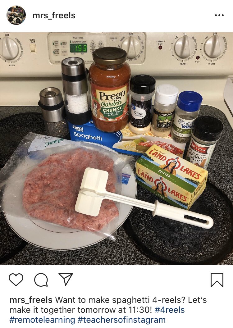 Mrs_Freels's tweet photo. @ebelcher24 I’m going live on Instagram tomorrow at 11:30 to teach students how to make spaghetti, hopefully they have the ingredients at home and can join in!
Mrs_freels on Instagram https://t.co/Wu3D1fJC1E
