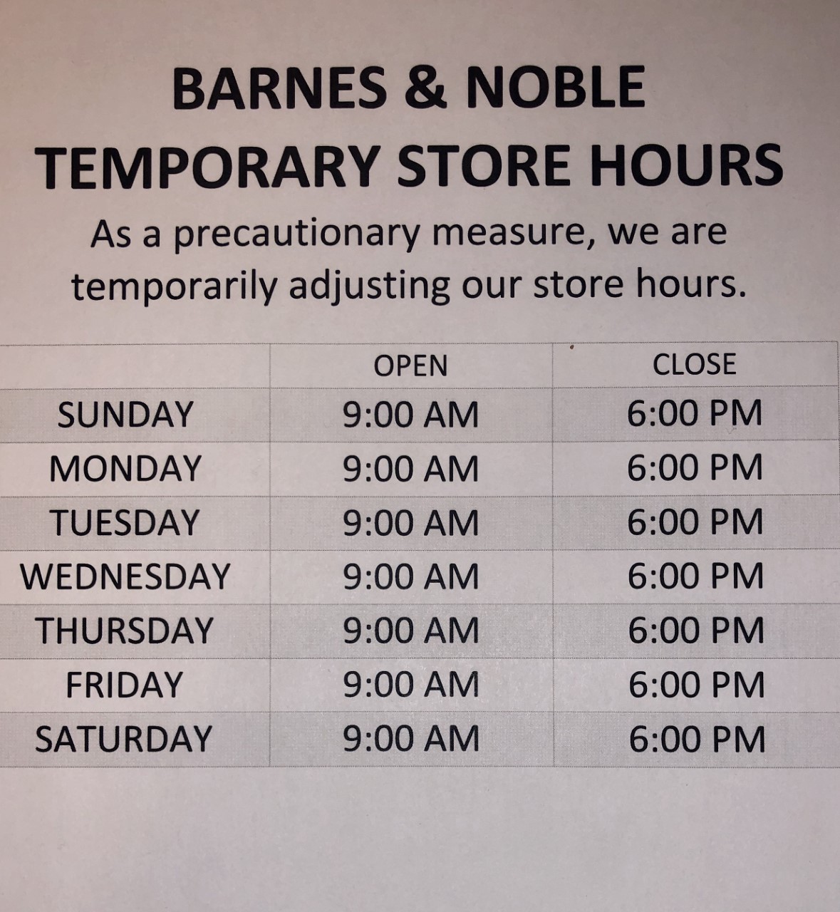 B&N Freehold on Twitter "We are temporarily changing our store hours