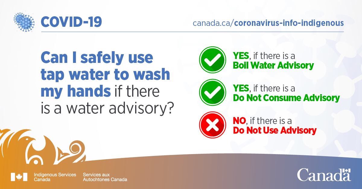 MarcMillerVM's tweet photo. If your community is on a Boil Water Advisory or Do Not Consume Advisory you should still use your water to wash your hands with soap and water.  If you are on a Do Not Use Advisory, your water is not safe for any use.  #cdnpoli https://t.co/vPWLZE4N4P