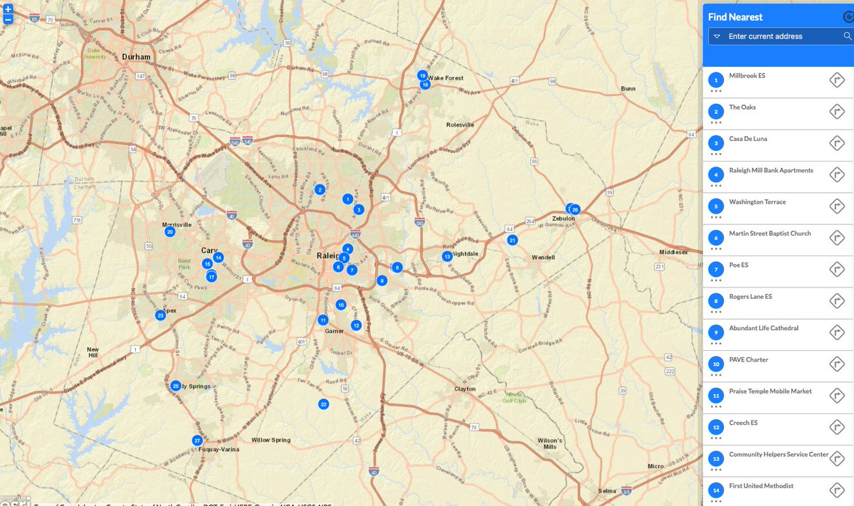 Food Resource Locator

This map brought to you by <a href="/WakeGOV/">Wake County Government</a>, <a href="/WCPSS/">Wake County Public School System</a>, &amp; Capital Area Food Network.

It provides information on food distribution sites and those that serve to children 18 and under, so that they may get meals during school closures. 

Map: bit.ly/2IYhxpi