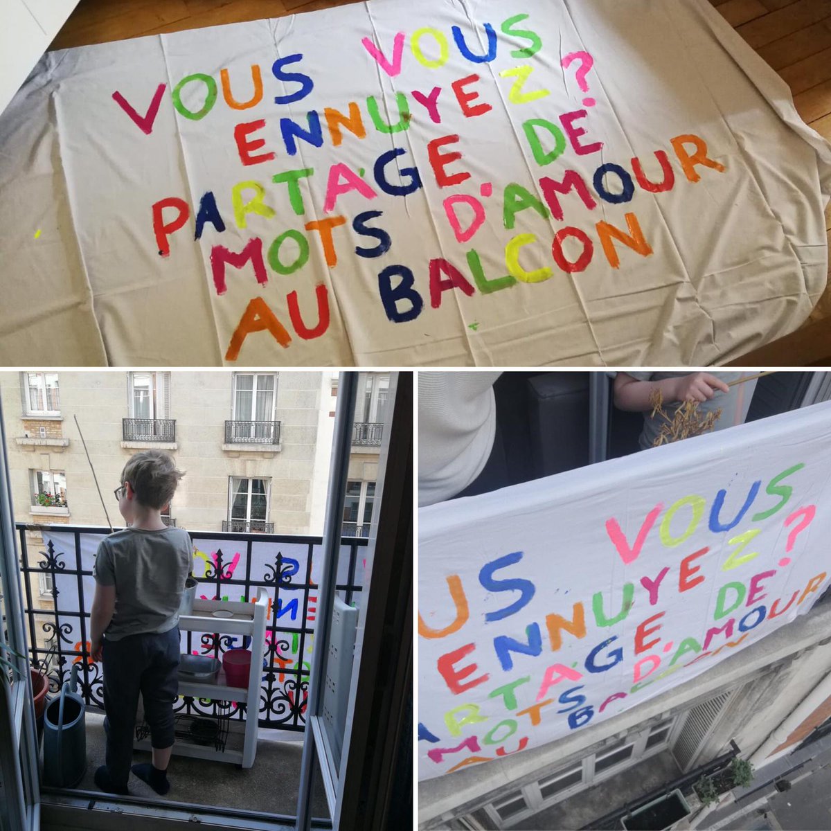 bruno_salomon's tweet photo. Juste comme ça... petite histoire de confinement sur Paris ❤ aujourd'hui mon fiston et sa maman ont décidé d'inviter les habitants de leur quartier à mettre des mots doux sur tous les balcons (les voisins commencent à jouer le jeu = fun) fier de toi #ResterChezVous😊 https://t.co/u7xmfMHcYi