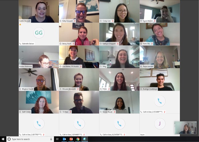 FleishmanTX's tweet photo. Distance makes the heart grow FHonder! We're grateful for technology that brings us together virtually. Check out the smiling faces on our all-staff call! #socialdistancing https://t.co/vumJfVsaFm