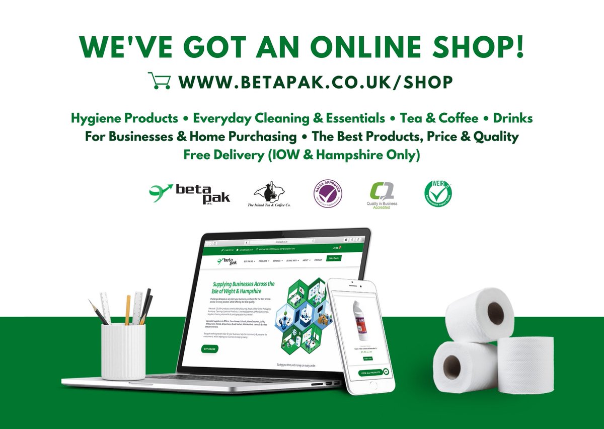 ❗️IOW &amp; Hampshire - You can now order our key products ONLINE for next day delivery to your business or home!

ℹ️ bit.ly/BetapakShop

Hygiene Products &amp; 
Cleaning
Tea &amp; Coffee
Soft Drinks
+ MANY Others

📦 Free delivery

BEST Products, Price &amp; Quality from a LOCAL business.