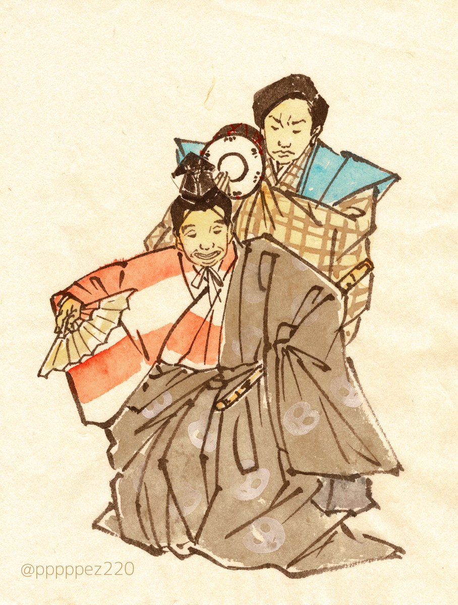 ぺつ 好きすぎて勝手に狂言の演目の 末広がり ぽい装束を着てみてほしくて描きました ほんまは鼓じゃなくて傘やし でもそこは譲れへんし そもそも色々間違ってるんやけどどうしても我慢の限界だったので 衣の柄はアニ文字宇宙人です すゑ