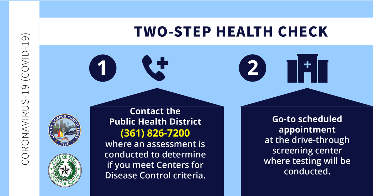 cityofcc's tweet photo. The Corpus Christi-Nueces County Public Health District will provide drive-through testing beginning Thursday for those with symptoms linked to the Coronavirus. Individuals who have symptoms are asked to follow the two-step health check.
👉 Learn more: https://t.co/1vL7omMGR7 https://t.co/UabqORgIDk