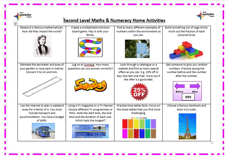 NLCLearningHub's tweet photo. Early (Nursery and P1), First (P2-P4) and Second Level (P5-P7) Maths &amp; Numeracy home activities. Please share. ➕➖➗✖️ https://t.co/AKKk7f2G9W