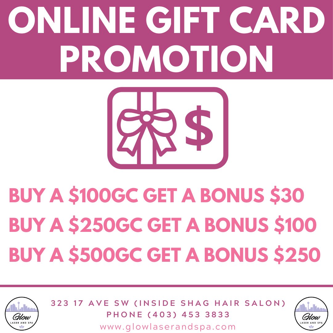 GlowLaserSpa1's tweet photo. We will continue to provide our customers with incredible gift card promotions via our website. 

🥰 Buy a $100GC get a Bonus $30
🥰 Buy a $250GC get a Bonus $100
🥰 Buy a $500GC get a Bonus $250

Purchase your gift card(s) today! https://t.co/5rOEkqC25q #yyc #calgary #spa https://t.co/vxGSaumH22
