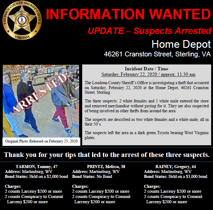 LoudounSheriff's tweet photo. Thank you to the community for your tips and information that led to the arrest of the three suspects.
#OneTeam #TIPSWork https://t.co/4lMJhfCbmA