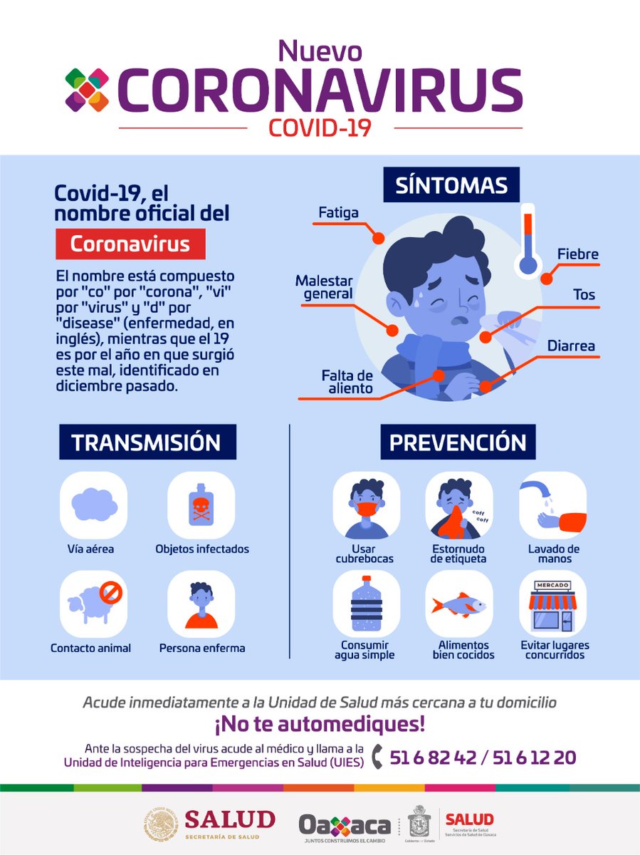 SEBIENTI_GobOax's tweet photo. Te invitamos a conocer los síntomas, la forma de transmisión y las medidas de prevención del #COVID-19 #Coronavirus.

Para resolver tus dudas llama a la Unidad de Inteligencia para Emergencias en Salud #UIES de los @SSO_GobOax
 51 6 82 42 y 51 6 12 20. 
@alejandromurat https://t.co/SLRtvJudm6
