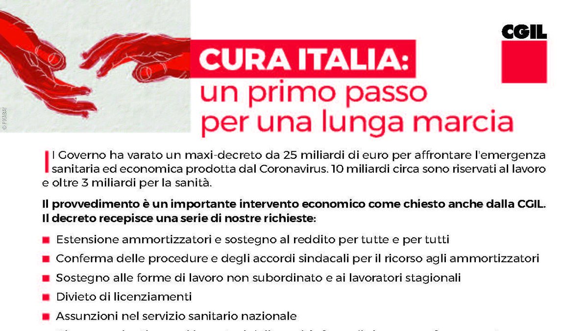 cgilnazionale's tweet photo. #CuraItalia #tuttinsiemecelafaremo Passo dopo passo le misure contenute nel decreto legge che accoglie una serie di richieste avanzate dalla Cgil. Tutelare il lavoro e la salute è la nostra priorità. Costruire il futuro dell’Italia è la sﬁda di tutti e tutte. https://t.co/twvFRnguTY