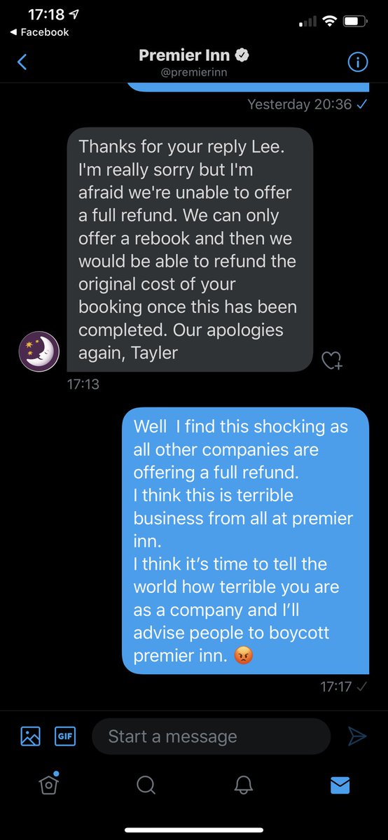 1974_lee's tweet photo. So this is the state of premier inn who refuse to offer refund due to the Coronavirus.
Disgusting company I urge you all to boycott them.@MartinSLewis @dizidebs https://t.co/LXuAAoyDec