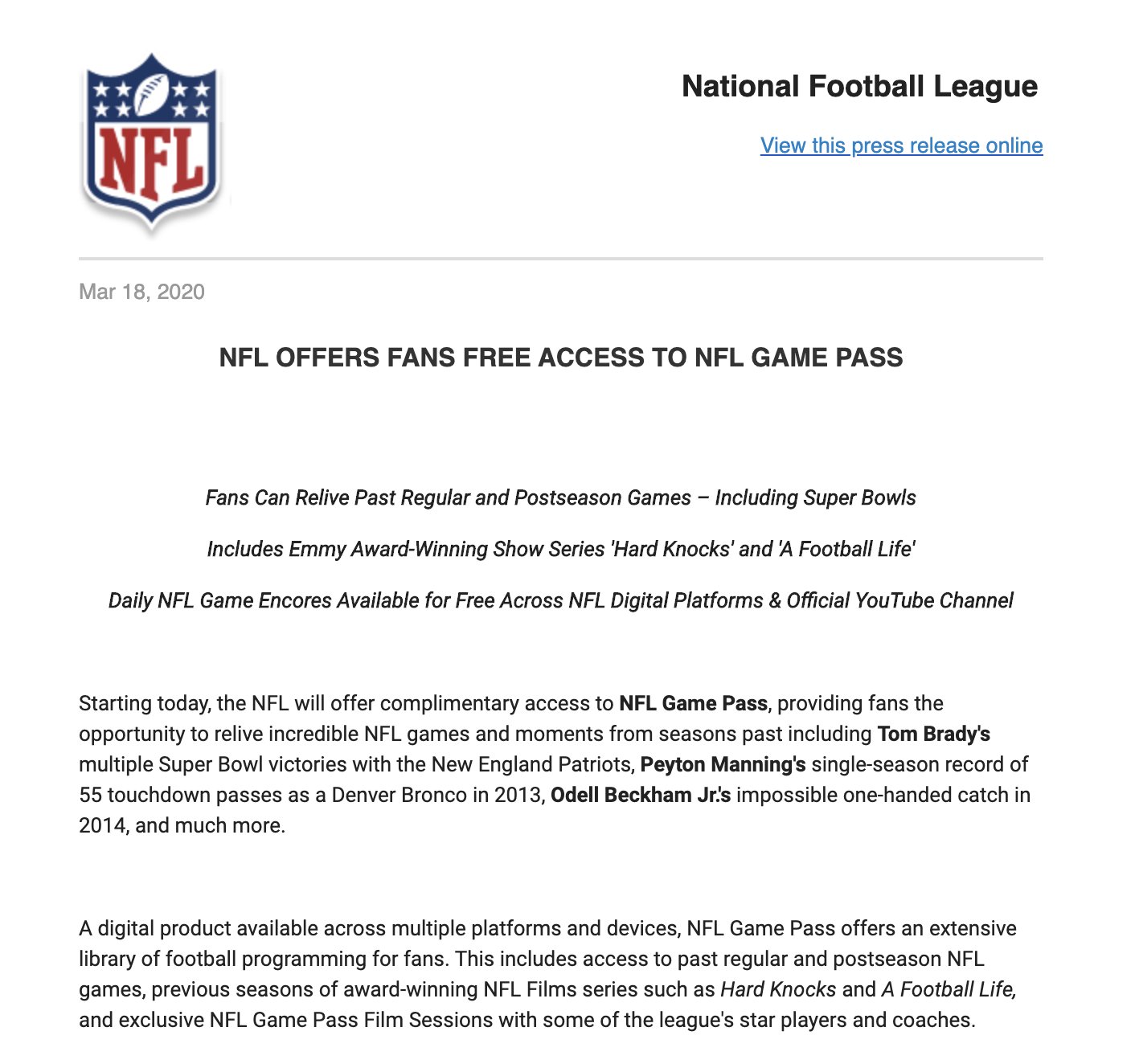 Aaron Nagler on X: 'Ok this is dope. The @nfl is offering complimentary  access to Game Pass. Watch tons of football while you're quarantined.   / X