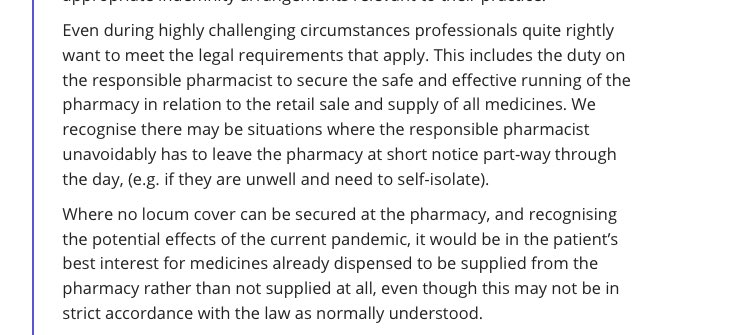 Breaking News; <a href="/TheGPhC/">GPhC</a> -if a Pharmacist has to leave the premises at short notice it would be in patients best interests to be provided with medications rather than for them not supplied. #law #pharmacy #healthcare