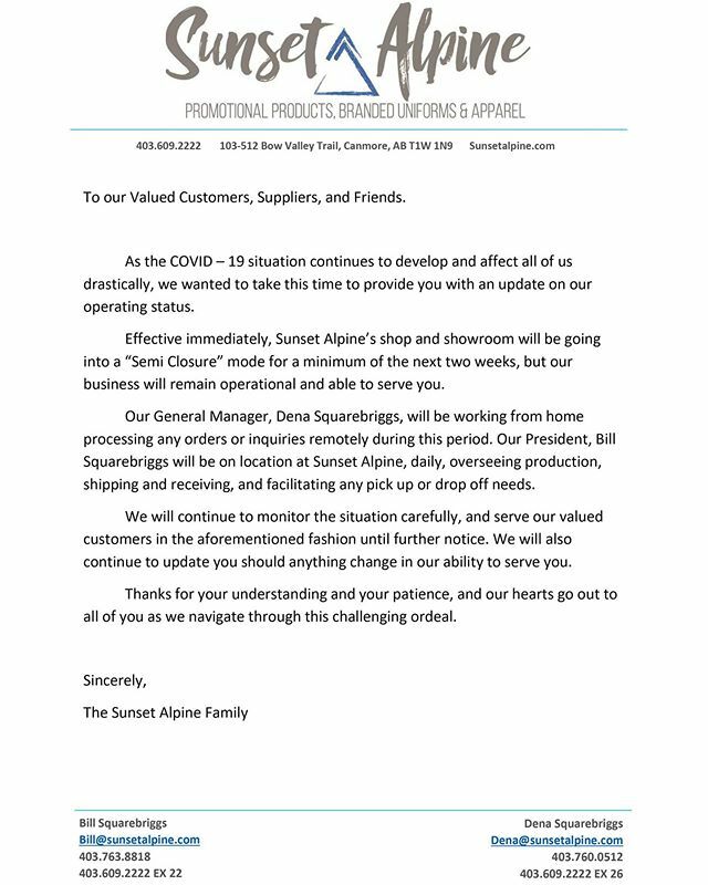 SunsetAlpineAB's tweet photo. COVID-19 UPDATE

In an effort to slow the spread of #covıd19 and reduce the risk to staff and visitors, we are implementing a two week "semi closure" effective immediately. See attached document for more information.

#banff #canmore #bowvalley #lakeloui… https://t.co/6D5TCjUCgb https://t.co/t0ltmgDq4M